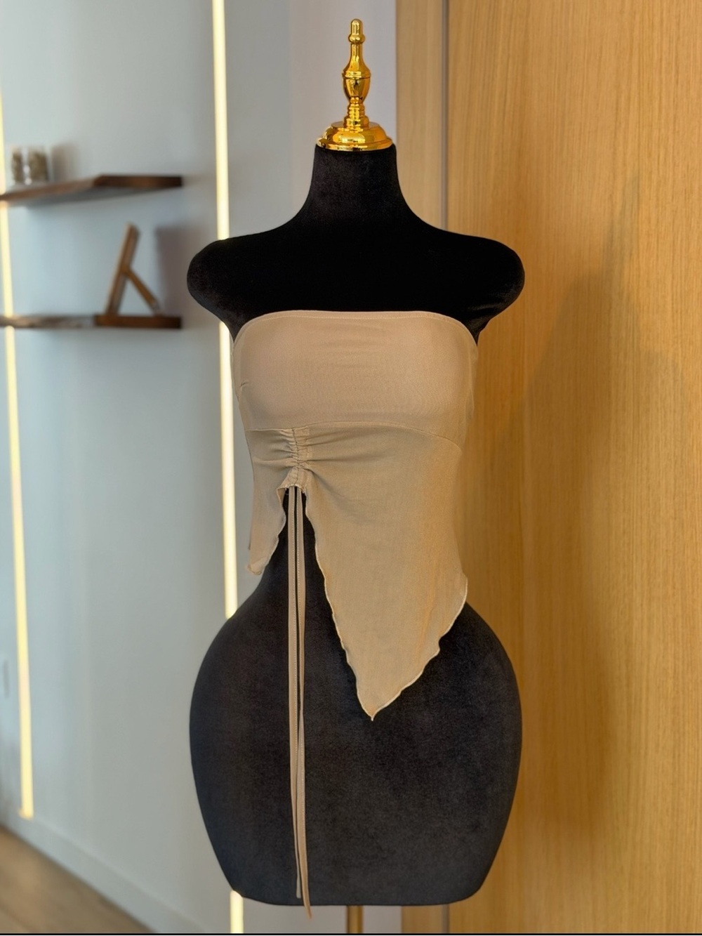 Edikted Taupe Asymmetric Mesh Tube Top | Model Off Duty Muse
